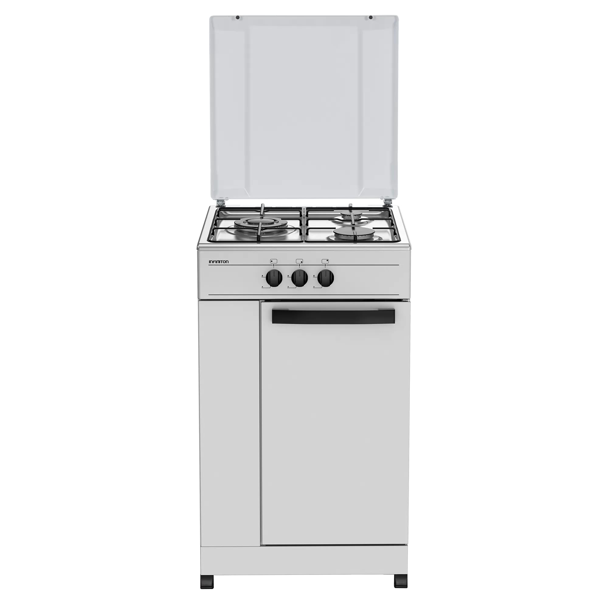INFINITON Cocina de Gas Sin Horno CC3FB, 3 Zonas, Compartimento porta-bombonas, 50 cm de Ancho, Superficie de cocción de acero esmaltada en Blanco