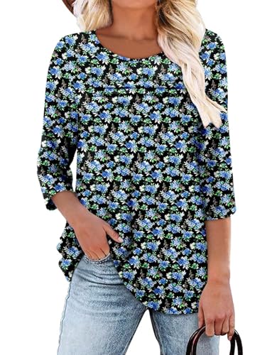 KISSMODA Women's Casual 3/4 Sleeve T-Shirts Round Neck Cute Tunic Tops Basic/Pleated Summer Tops Trendy Spring Blouses