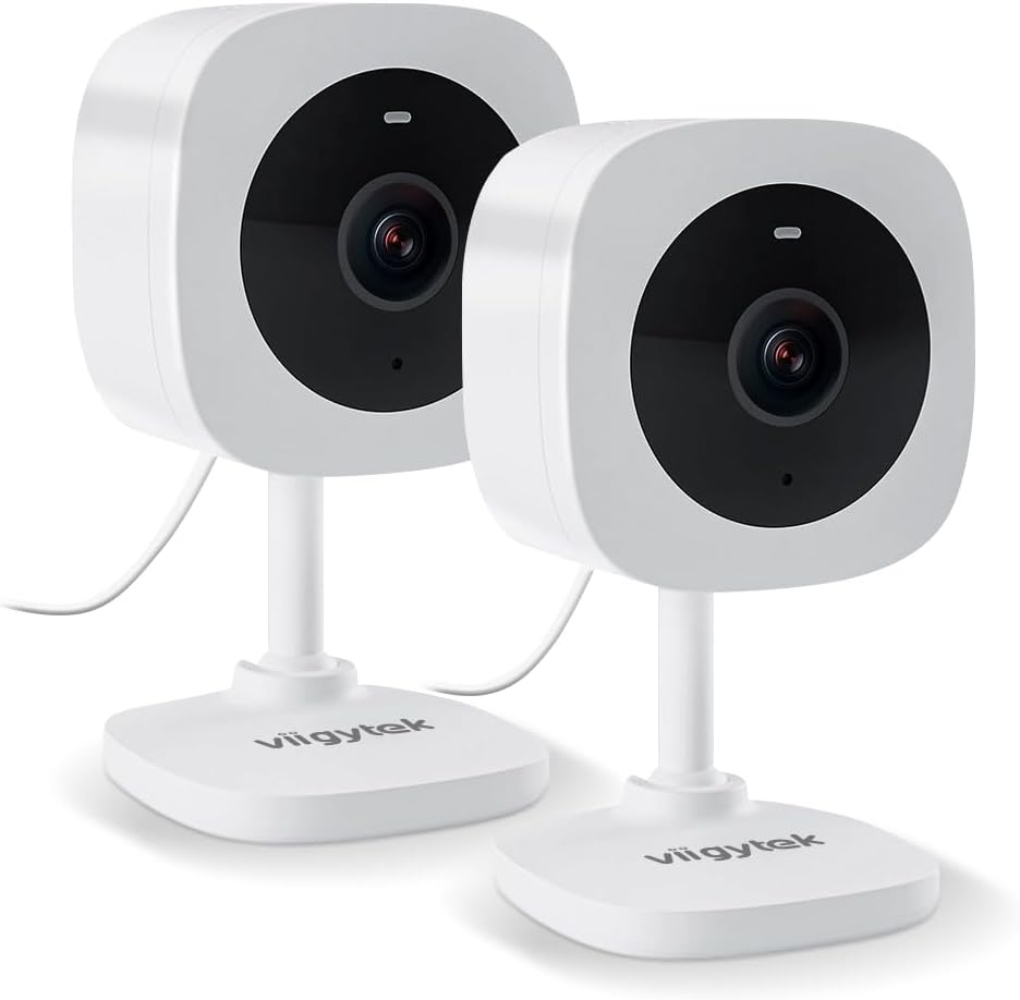 Security Camera 2K Home Indoor Pet Baby Security Camera with Night Vision, 2-Way Audio, Wired, Motion Detection, App Control (White 2 Packs)