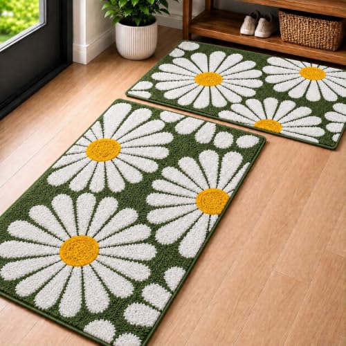 Image of Roseate Flower Anti Skid (40x60 cm) Microfiber 2000 GSM Bath Mat for Bathroom /Bedroom /Door Mat /Floor Mat (Green) Pack of 2