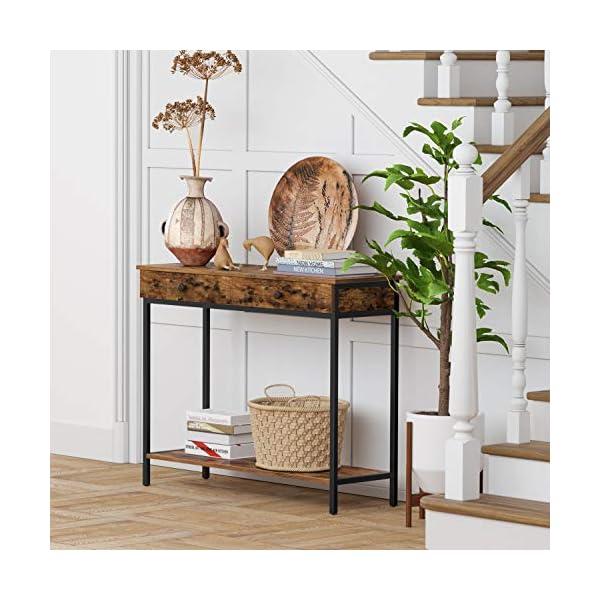 VASAGLE Console Table, Entrance Table, Sofa Table with 2 Drawers, Steel Frame, Stable, for Hallway, Bedroom, Living Room, Industrial Style, Rustic Brown and Black LNT010B01 - Image 3