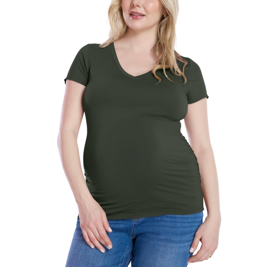 Motherhood Maternity Womens Short Sleeve Side Ruched V-Neck Pregnancy Tee Shirt
