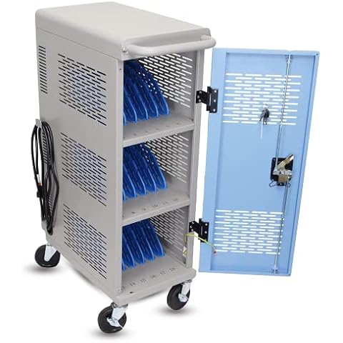 POCHAR Fully Assembled 18-Device Chromebook Charging Cart - Locking Laptop Cart with Cable Management, Cord Organization, Power Strip - Locks and Stores Tablets up to 14'' and 1.4'' Thick Cover