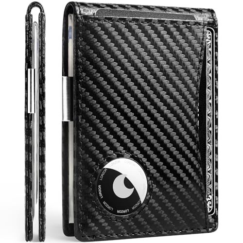 AirTag Wallet - Mens Wallet Slim Minimalist Front Pocket Money Clip for Apple Air Tag, Bifold Top Grain Carbon Fiber RFID Blocking Wallets for Men, 2 ID Window Gifts (AirTag Not included)