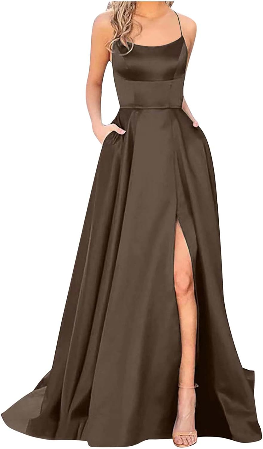 Before And After Prom Tan Wedding Dress V Neck Women's Evening Dresses  With Sleeves Simple Long Satin Prom Dresses With Pockets  Lisposa