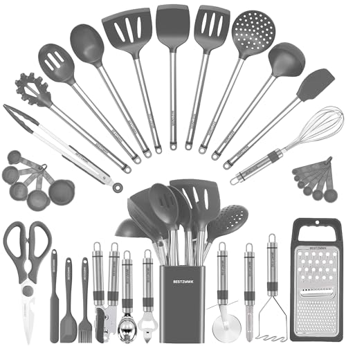 Comparison: Best Cookware Set For Wedding Registry 8 Kitchen Utensil Set-Silicone Cooking Utensils-33 Kitchen Gadgets & Spoons for Nonstick Cookware-Silicone and Stainless Steel Spatula Set-Best Kitchen Tools, Useful Pots (Grey)