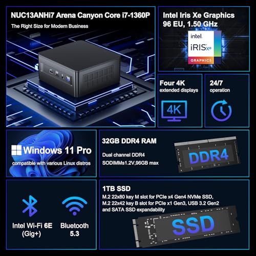 Image of Intel NUC 13 Pro, for ASUS NUC 13 pro NUC13ANHi7 Arena Canyon Mini PC, Core i7-1360P, 32GB RAM, 1TB SSD, Mini Computer Win 11 Pro for Business Home Office Support 8K /4K Quad Display /Wifi6E /BT 5.3 /TB 4