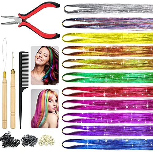 12 Farbe Glitzersträhnen für Haare, 120cm haarsträhnen zum einklipsen Kit für Frauen Mädchen, Haarsträhnen Kit mit Werkzeug für Mädchen Kinder cosplayer Cover