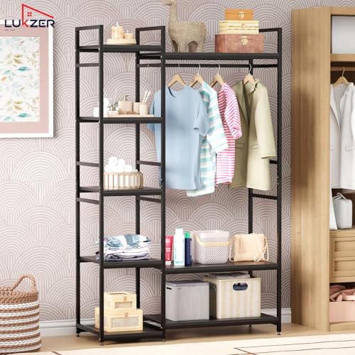 Image of Lukzer Heavy Duty Garment Rack with 8 Shelves & Hanging Rod | Free-Standing Modern Clothes Stand Metal & Engineered Wood Shoe Rack with Adjustable Foot Pads for Living Room - MMR-004 /Black & Black