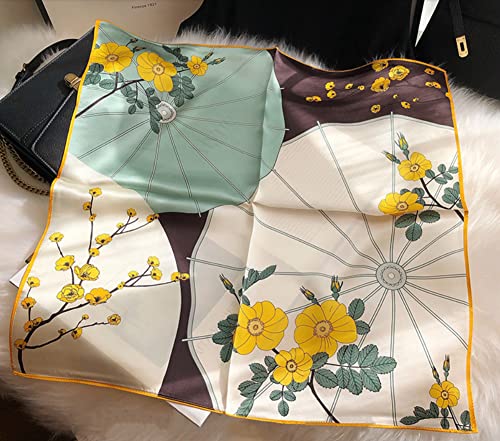 JERLA Women's Men's Small Square Real Mulberry Silk Scarfs Hair scarf head neck face scarf 21" x 21" (Green and yellow flower)2