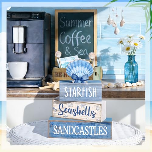 Image of Moucuny 4 Pcs Nautical Beach Decor Shell Tiered Tray Decoration Blue Bow Table Centerpieces Summer Rustic Decorative Block Signs Gift Farmhouse Table Sign for Home Kitchen Shelf