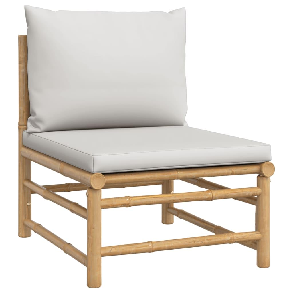 6-częściowy zestaw mebli ogrodowych z bambusa z jasnoszarymi poduszkami, wytrzymała sofa outdoorowa, meble balkonowe, meble wypoczynkowe, odporne na warunki atmosferyczne, komfortowy leżak