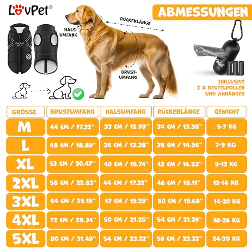 LOVPET® Hundejacke Hundemantel mit Geschirr, inkl. 45 Stück Kotbeutel + Spender, Hunde Winterweste gefüttert wasserdicht, Gepolsterte Weste Mit Brustgurt, Reflektoren, D-Ring L, Schwarz
