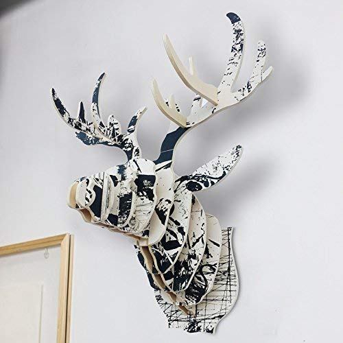 Amazon.co.jp: 花柄の木製3D鹿頭壁彫刻像、動物剥製壁掛け、手作り置物