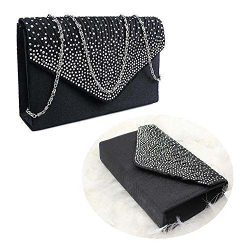 SteelFever Women Diamante Envelope Clutch Bag Evening Handbag Purse Wedding, Bridal, Prom, Party Shoulder Bag (Black)