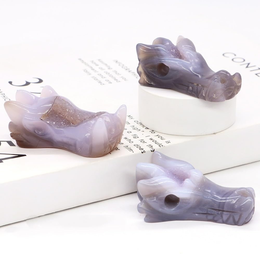 RVBLRDSE Crystal Animal Statue Crafts Home Decoration Fish, owl swan Head Penguin, Gray Agate geode Carving (Color : Dragon Skull, Size 1pcs) Gemstone Stone
