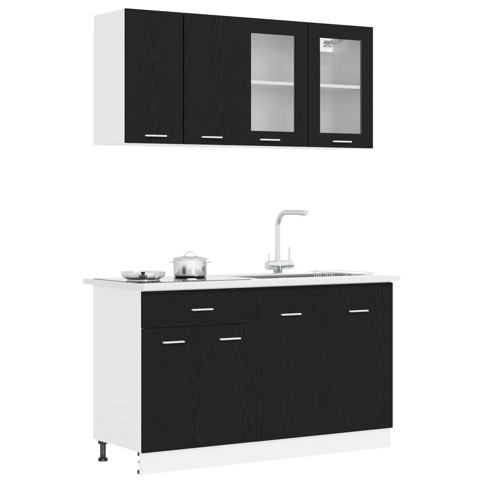 Meuble de Cuisine Lyon 4 Pièces Chêne Noir - Ensemble de Meubles de Cuisine en Bois d'Ingénierie avec Armoire sous Évier, Meuble Bas à Tiroir, Étagères et Placards Suspendus Vitrés