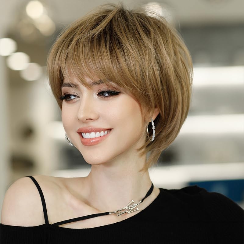 Women Pixie Cut Short Human Hair Wigs Layered Lightweight Breathable Capless Glueless For Natural Look Daily Use (Honey Brown,Short)