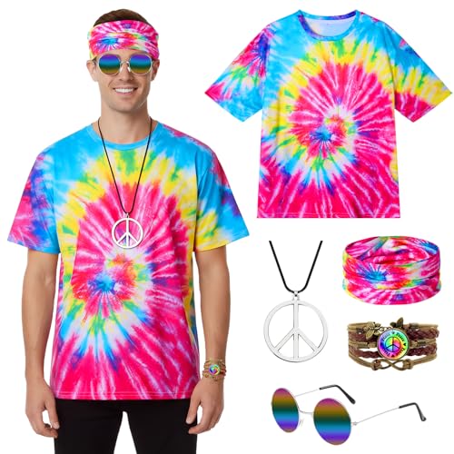 COSBERY Hippie Kostüm Herren Damen 60er 70er 80er Jahre Outfit Herren 70er Jahre Bekleidung mit Buntes T-Shirt+Peace Kette+Hippie Brille+Stirnband+Armband Disco Outfit Karneval Fasching Kostüm