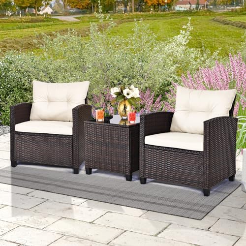 GIANTEX Rattan Gartenmöbel Set, Balkonmöbel Kleiner Balkon, Lounge Gartenmöbel Set, Balkon Möbel für 2 Personen, Gartenlounge Set 2 Sessel & Tisch, 3 tlg. Gartensitzgruppe inkl. Sitz- und Rückenkissen