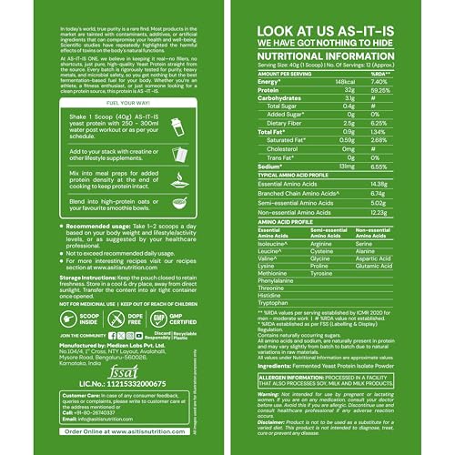 Image of AS-IT-IS One Fermented Yeast Protein - Unflavoured, Unsweetened, 500g, Helps Muscle Protein Synthesis, Higher Absorption, No Bloat or Beany Note, Sustainable Choice for All Ages Adults