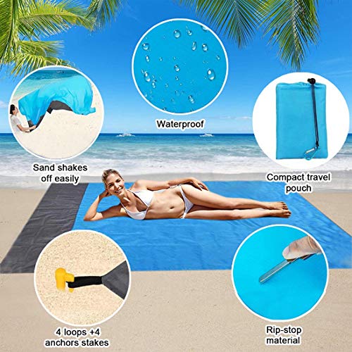 COPACHI Beach Blanket (82\" X 79\"), Sandfree Beach Mat Waterproof Picnic Blanket for 3-7 Adults Lightweight Portable Pocket Blanket Sand Proof Blanket for Travel, Camping, Hiking (Single Gray-Blue)