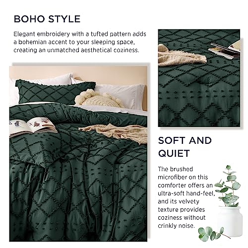 Image of Bedsure Queen Comforter Set - Forest Green Comforter, Boho Tufted Distressed Vintage Bedding for Kids, 3 Pieces Farmhouse-Style Bed Set for All Seasons, Fluffy Soft Bedding with 2 Pillow Shams