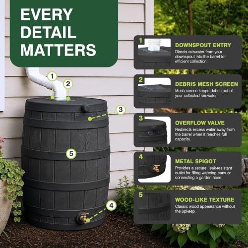 Image of Good Ideas Rain Wizard Water Collection Barrel, 50 Gallon, Black | Faux Wood Design - Plastic Outdoor Home Rain Barrel, Rainwater Storage Collector with Metal Spigot and Flat Back