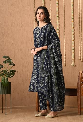 Image of Amazon Brand - Tavasya Women Cotton Anarkali Kurta Pant Dupatta Set | Printed Ethnic Suit Set | Flared Anarkali Kurta with Pant & Dupatta | Festive & Casual Wear
