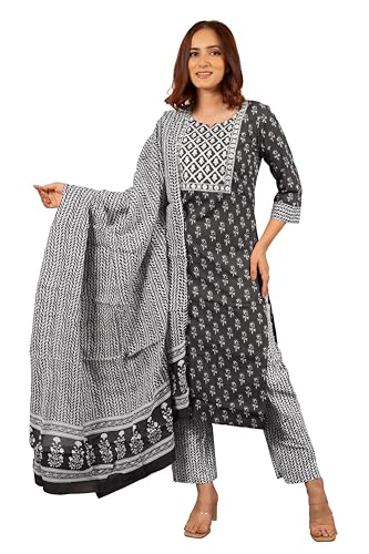 Image of MIRCHI FASHION Pure Cotton Women Straight Batik Print & Mirror Work Kurti Set with Dupatta and Pant