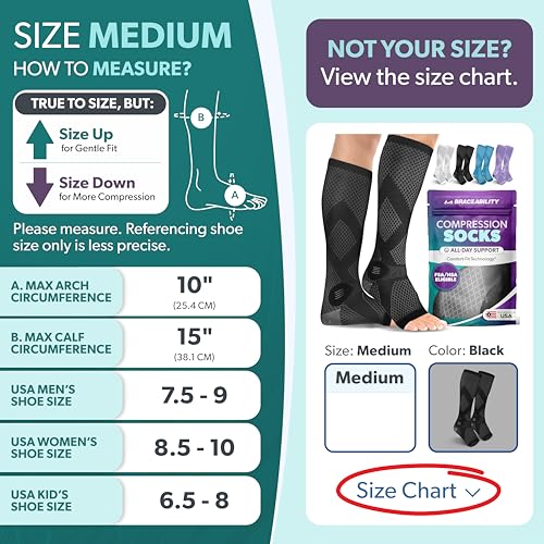Image of BraceAbility Compression Socks for Circulation - 20-30 mmHg Knee High Neuropathy Open Toe Stockings for Varicose Veins, Swelling, RLS, Medical Toeless Support for Men or Women - 1 Pair (M - Black)