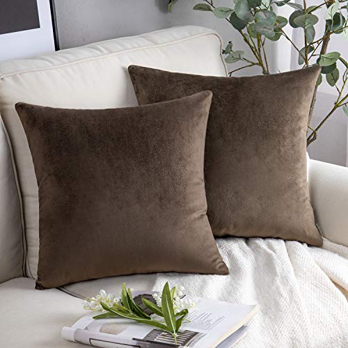 Image of Phantoscope Pack of 2 Velvet Decorative Throw Decorative Pillow Cover Soft Solid Square Cushion Case for Couch Dark Coffee 18 x 18 inches 45 x 45 cm