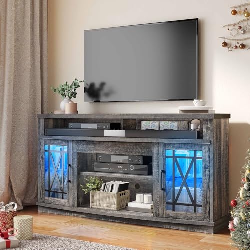 DWVO LED Farmhouse Television Stand for Living Room, 32'' Tall Entertainment Center for 65/55 Inch TV, Media Console TV Table with Storage Cabinet, Adjustable Shelf and Glass Doors, Dark Rustic Oak