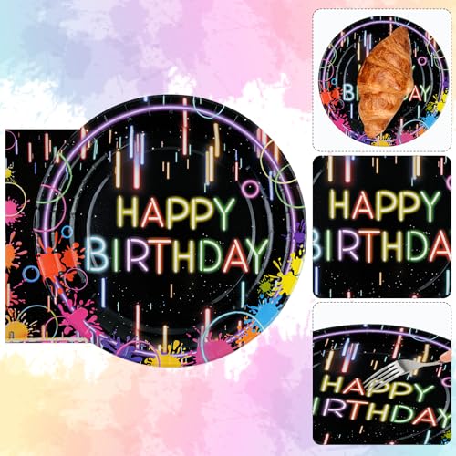 BOKFJBP 40Stück Neon Geburtstag Party Teller & Servietten-Einmalgeburtstag Geschirr Neon Glühen Bunte Glühen im Dunkeln Party Dekoration Favor für Geburtstag Baby Dusche 20 Gäste Schuleinführung