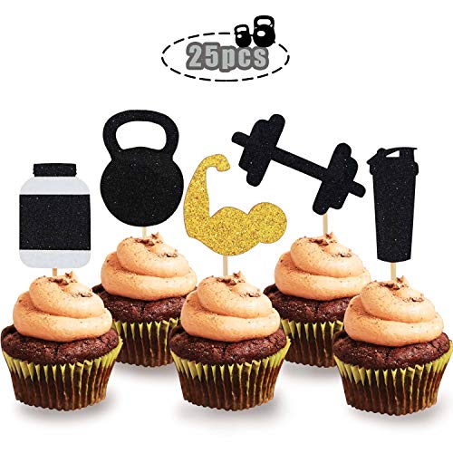 Glitter Gym Theme Cupcake Toppers Weight Lifting Cupcake Toppers for Cross Fit Party, Fitness Themed Birthday Party Supplies