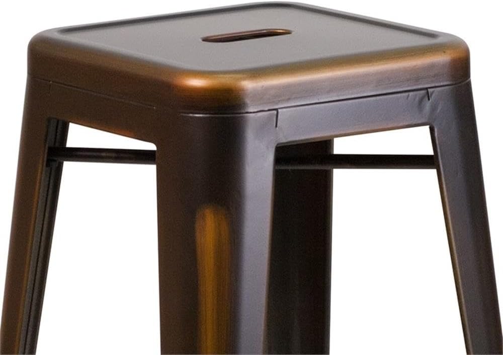 BOWERY HILL 30" Metal Backless Bar Stool, Distressed Copper Finish, Lightweight, Stackable Design, Indoor/Outdoor Use, Rubber Floor Glides, Footrest, Industrial Style Dining or Bar Seating