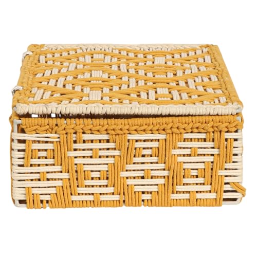 Image of Kaahira Handmade Decorative Storage Box and Organiser | Macrame Gift Hamper Box for Cosmetics, Toiletries & Return Gifts | Aesthetic Rope Woven Organizer (Yellow and White, Large - 14x10x4 inches)