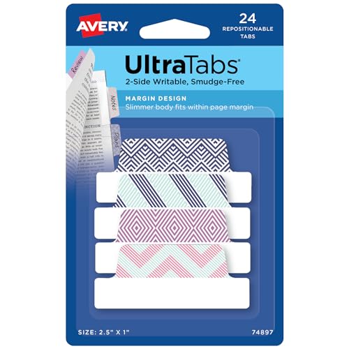 Image of Avery Margin Ultra Tabs, 2.5 inch x 1 inch, Assorted Color Geometric Designs, 24 Repositionable Page Tabs (74897)