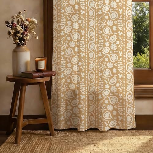 Image of Urban Space 100% Cotton Floral Curtains 5 Feet Long Set of 2, 60-65% Room Darkening, Decorative Curtains with Eyelets /Rings for Hanging, Tieback Included (Dhara Biscuit Beige, Window - 5 Feet)