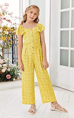 Kimmta Girl’s Summer Floral Printed Rompers Ruffle Short Sleeve Wide Leg Jumpsuits With Button #TOP3