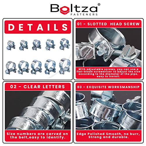 Boltza 100 Piece Assortment Kit of Zinc Plated Mini Hose Clamps / Fuel Line Hose Clips for Diesel Petrol Pipes & Pipelines - Image 4
