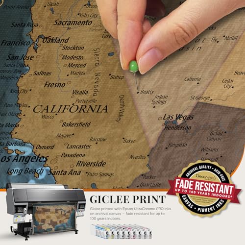 Image of DECORARTS - Personalized Framed USA Push Pin Travel Map in Deep Blue, Refined Vintage Explorer Style, Custom Name or Phrase, Blue Canvas Wall Art for Living Room or Office, Made in USA