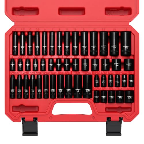 CASOMAN 1/4 Inch Drive Master Impact Socket Set 50-Piece 6-Point SAE/Metric 5/32 Inch - 9/16 Inch 4mm - 15mm Standard/Deep CR-V