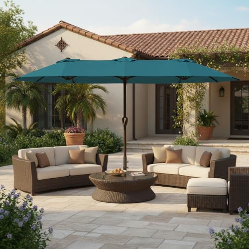 Tobeos 15FT Large Patio Umbrella with Base, Double Sided Rectangular Outdoor Umbrella with Sturdy Fiberglass Ribs, UPF 50+ Sun Protection, Wind-Resistant, Waterproof Fade-Resistant Fabric for Pool, Garden, Backyard, Deck(Lake Blue) by Tobeos - Used condition - Image 9