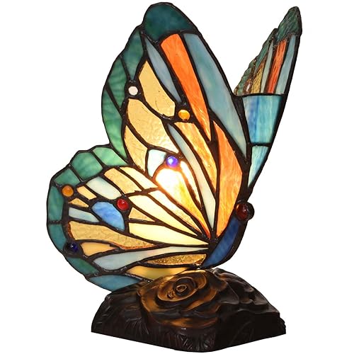 Image of Bieye L10896 Tiffany-Style Stained Glass Butterfly Accent Table Lamp - 9-Inch Tall - Yellow, Blue, and Orange Wings