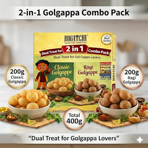 Image of BOGATCHI 2-in-1 Gol Gappa Combo Pack - Classic Gol Gappe 200g + Ragi Gol Gappa 200g | Healthy Ragi Pani Puri Puris | Crispy Chaat Shells for Home Snacks, Parties & Street Food Lovers