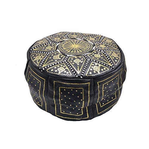 Pouf marocain fassi cuir véritable noir : assise d'appoint - 2
