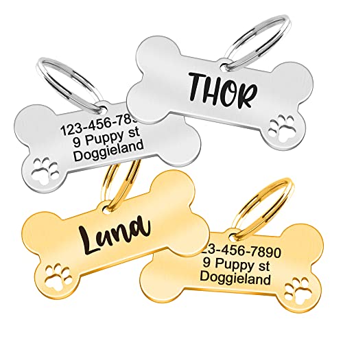 Custom Pet Id Tag, Personalized Cute Silver & Gold Bone & Hollowed Paw Shaped Collar Pendant Engraved Dog Name, Label, Address & Phone, Stainless Steel Shiny Puppies Tags Customizable On Both Sides #TOP13