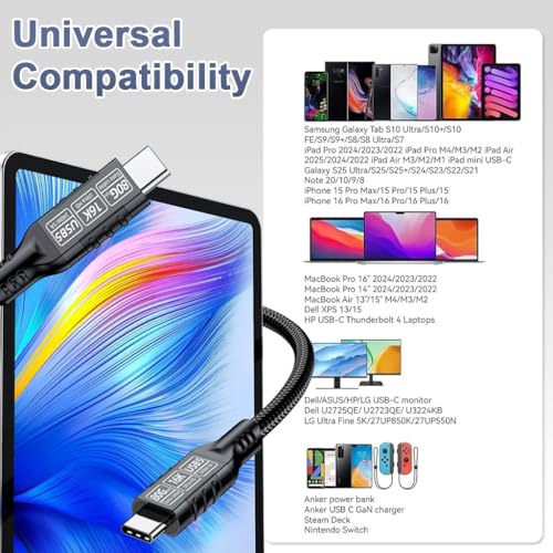 Image of Verilux PD 240W Type C Cable Fast Charging, 20CM C Type Charger Cable with 80Gbps Data Transfer & 16K@60Hz UItra HD Dislay for Thunderbolt 5 /4 /3, iPhone 17 /16 /15, Galaxy S25 /S24 /S23