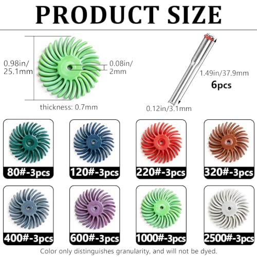 Aienxn 30PCS 1" Radial Bristle Disc Kit with 3mm Shank for Rotary Tools, Detail Abrasive Wheel Grit 80-2500 for Jewelry Wood Metal Polishing, Bristle Wheel Q-114 — view 2